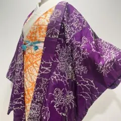 銘仙袖長アンティーク羽織◇桐や桔梗と袖垣 露芝