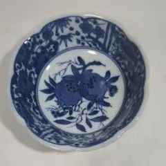 K907⭐︎古伊万里 染付 線描き 大輪の花文 膾（なます）皿 江戸末期