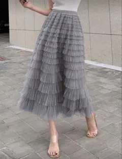 シーイン　DAZY グレー　チュールティアードスカート　レイヤード　メッシュ