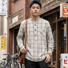 長袖シャツ M L プルオーバー レトロ チェック ノーカラー ビンテージシャツ