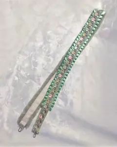 インド刺繍 グリーンサテンリボン＆グレーフリル ショルダーストラップ