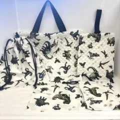 入園　入学5点セット　恐竜　白　男の子　レッスンバッグ　シューズバッグ　巾着袋
