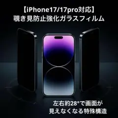 【iPhone17/17Pro】覗き見防止フィルム 強化ガラス仕様 28°視野角