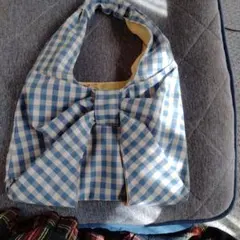 青と白のギンガムチェック トートバッグ