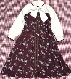 美品　axesfemmアクシーズ ボルドー花柄リボン付きワンピース