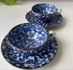 【本日価格】美濃焼　ぶるー浪漫　唐草模様ティーカップ ソーサー2客セット