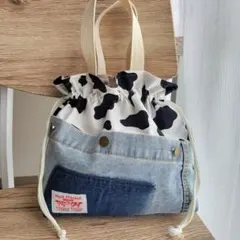 デニムリメイク☆巾着バッグ　cow