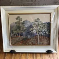 風景画 水彩画 山と木々 白フレーム