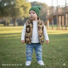 【週末限定値引】美品★ グラニフ 90 ダウンベスト 中綿 総柄 アニマル クマ