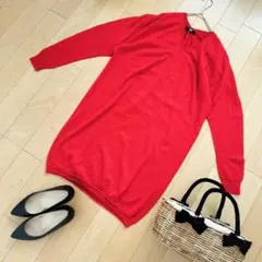 ✨ユニクロ✨UNIQLO 長袖ニットワンピース チュニック【L】赤 綺麗め 無地