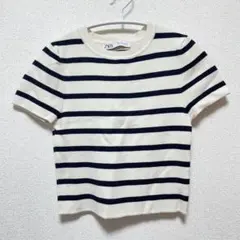 ZARA ザラ　ボーダーニット　半袖ニット　ストライプ　ネイビー　クロップド丈