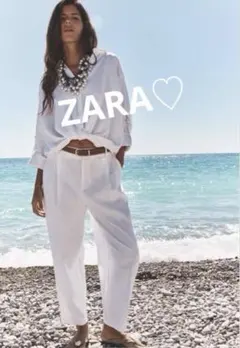 ZARA ザラ　リネン混ベルト付きパンツ ホワイトのサムネイル