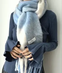 チェック柄マフラー 青 レディース ネイビー フリンジ パステル 大判ストール