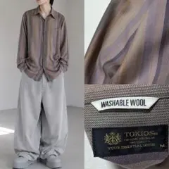 90s 日本製 ギャバジン 梳毛 ウール 長袖シャツ ストライプ 光沢 ドレープ