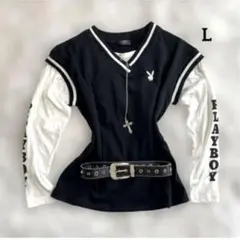 00s y2k PLAY BOY 重ね着風　長袖　英字ロゴ　ダークコア　海外