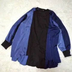 Loaf 配色切替 チュニック(F)長袖 ブルー ブラック デザイナー シャツ