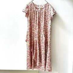 レトロワンピース ひざ丈ワンピース 花柄 半袖 ピンク M