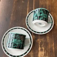 九谷焼　グリーン×ブラック　カップ＆ソーサー　2客