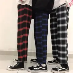 大人気♥裏起毛 チェック柄 パンツ 定番 ウール ワイド カジュアル レトロ