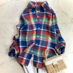 美品 ラルフローレン マドラスチェック リネン100%BDシャツ ポニー刺繍