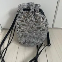 シルバー メッシュデザイン 巾着型ショルダーバッグ