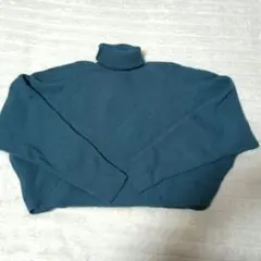 青色 タートルネック クロップドニット