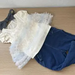 【3点セット】女の子コーデ チュールトップス デニムパンツ ヘアバンド付き　80