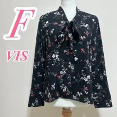 ViS 花柄ボウタイブラウス 長袖 ブラック F　リボン　きれいめコーデ　大人のサムネイル