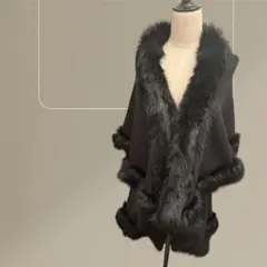 ファー付き黒ポンチョ ファー ポンチョ 黒