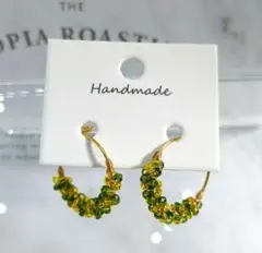 ハンドメイドNo.114 緑と黄色のビーズフープピアス