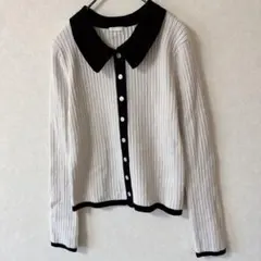 GU 【S】リブ編み長袖ニット ホワイト・ブラック 白 黒 モノトーン 襟