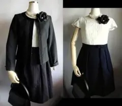 新品９号黒ドットノーカラーレースワンピースふんわりスーツ2点卒業式入学式