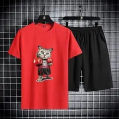 ❤️ボクシング猫プリントTシャツ＆ショートパンツセット❤️