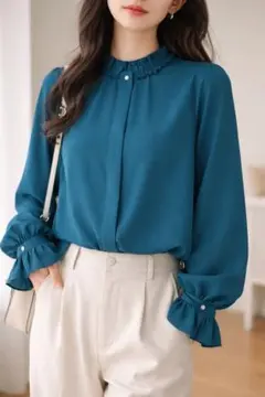 SHIP/シップス　ティールカラー フリルブラウス 長袖