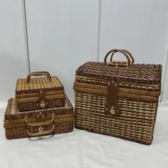 トランクバスケット　ビンテージ編み込み　持ち手蓋付き収納かご3個セット