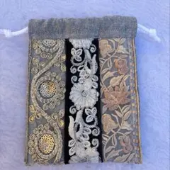 インド刺繍リボン 巾着ポーチ 花柄 マルチポーチ ハンドメイド ミニ巾着