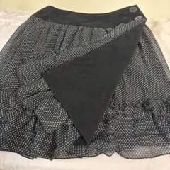 異素材　巻き　ミニスカート　リバーシブル　ドット柄フリル付き　黒　コーデュロイ