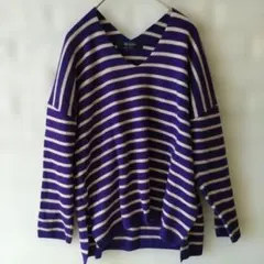 ナノユニバース ボーダー柄 長袖 Vネック ニット F パープル セーター