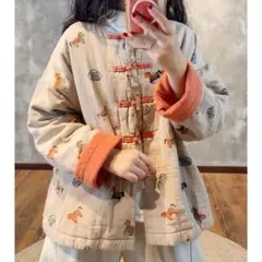 レトロデザイン 中綿ジャケット カジュアル プリント 暖かい アウター 長袖