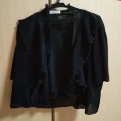 黒 フリル付き カーディガン 五分丈 レディース