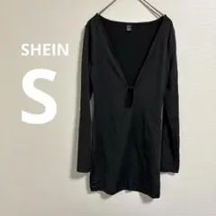 SHEIN 【S】ブラック 深Vネック 長袖 ミニワンピース タイト 古着