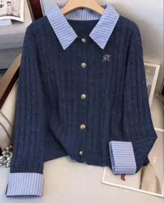 レディース セーター シャツカラー カーディガン ロイヤルブルー SHEIN