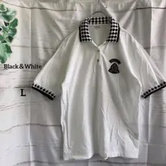ブラックアンドホワイト　半袖　ポロシャツ　ブロックチェック　黒×白　日本製　L