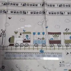 パネル生地 綿麻 ナチュラル系機関車·電車柄 113cm×100cm