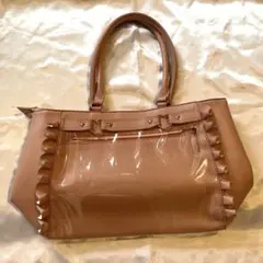 ハートバックルフェイクレザーフリルトートバッグ A4 ピンク