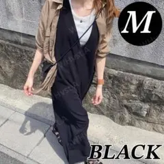 M 大人可愛い Vネック ゆったり ワンピース ブラック オールシーズン
