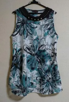 ビジュー付き　透かし柄フラワープリント　ノースリーブチュニック　Calabaza