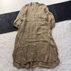 ザラ/S/茶/ロングシャツワンピース/キーネック/フルボタン/夏/リネン系