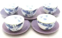 送料無料　宇野千代　美濃焼淡紫　 湯呑み＆茶托 5客 セット　花ごろも 茶菓揃
