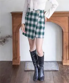 新品タグ付き clear チェック柄ラップ風ミニスカート グリーン ミニスカ